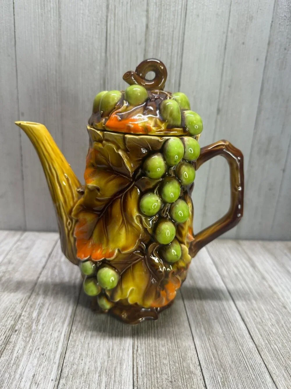 Vtg Nasco Swirling Leaves Grapes Tea Pot & Creamer Sugar Set MCM Japan 8